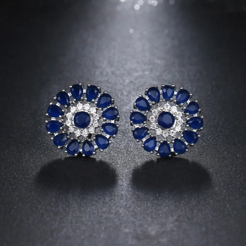 Luxury Green Flower Stud Earings For Women Bridal Jewelry