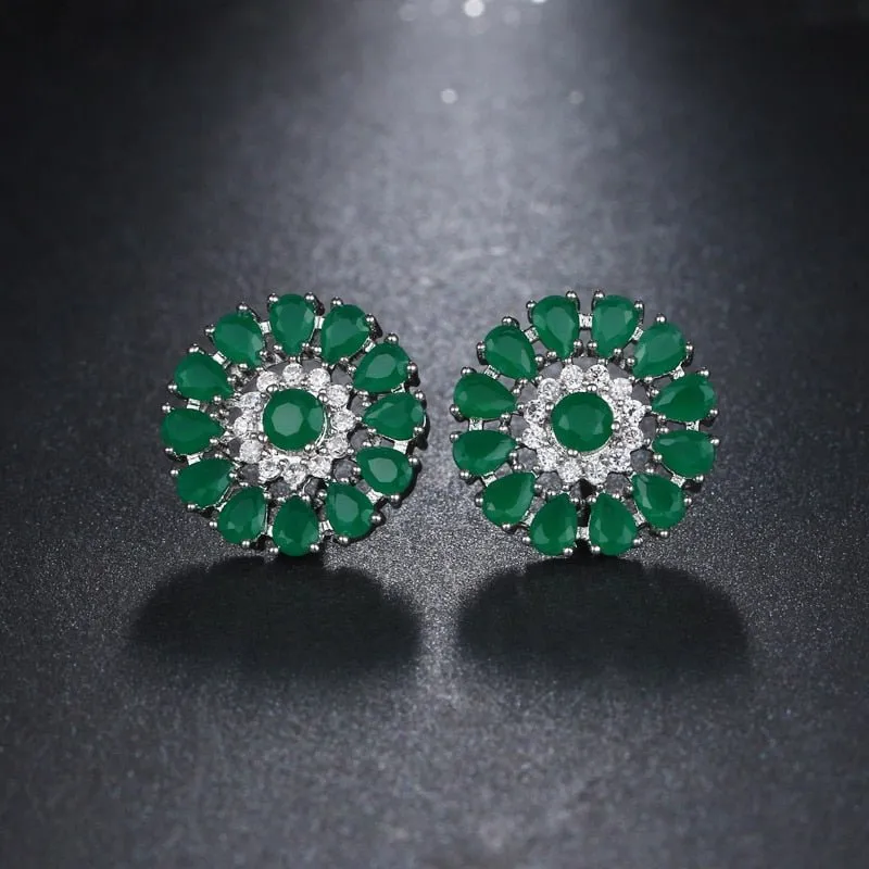 Luxury Green Flower Stud Earings For Women Bridal Jewelry