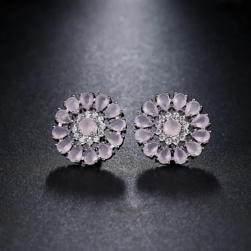 Luxury Green Flower Stud Earings For Women Bridal Jewelry