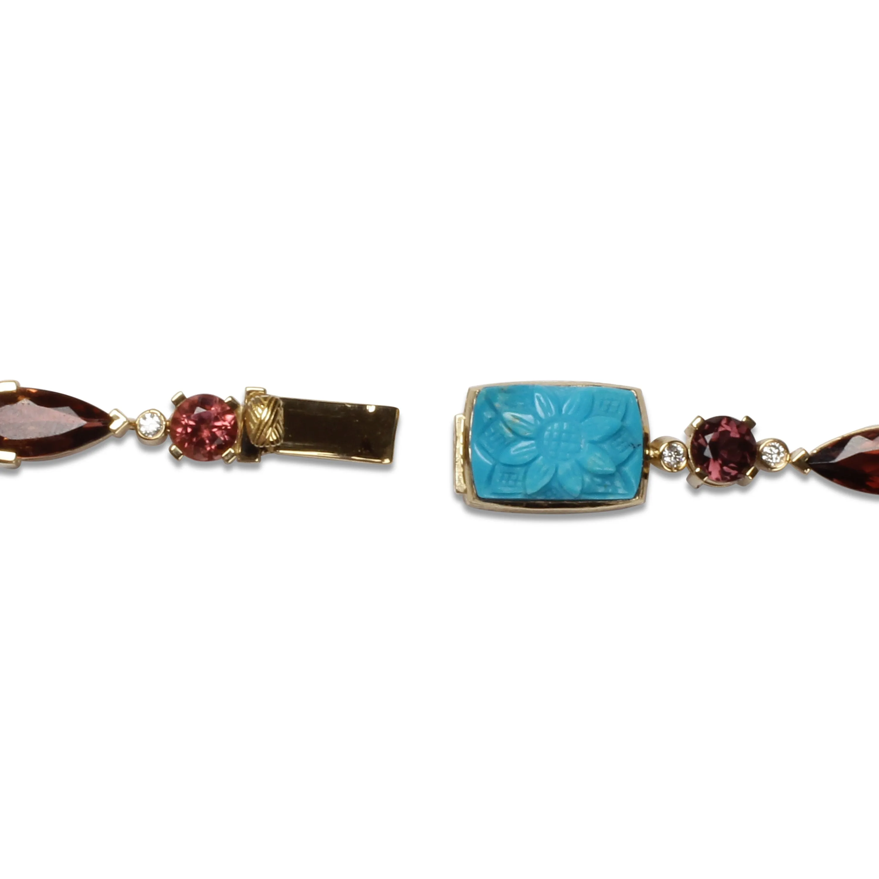 Luxury Hand Carved and Sleeping Beauty Turquoise 137ct Pink Tourmaline 64ct and Diamond 2.60ct Necklace in 18K Gold