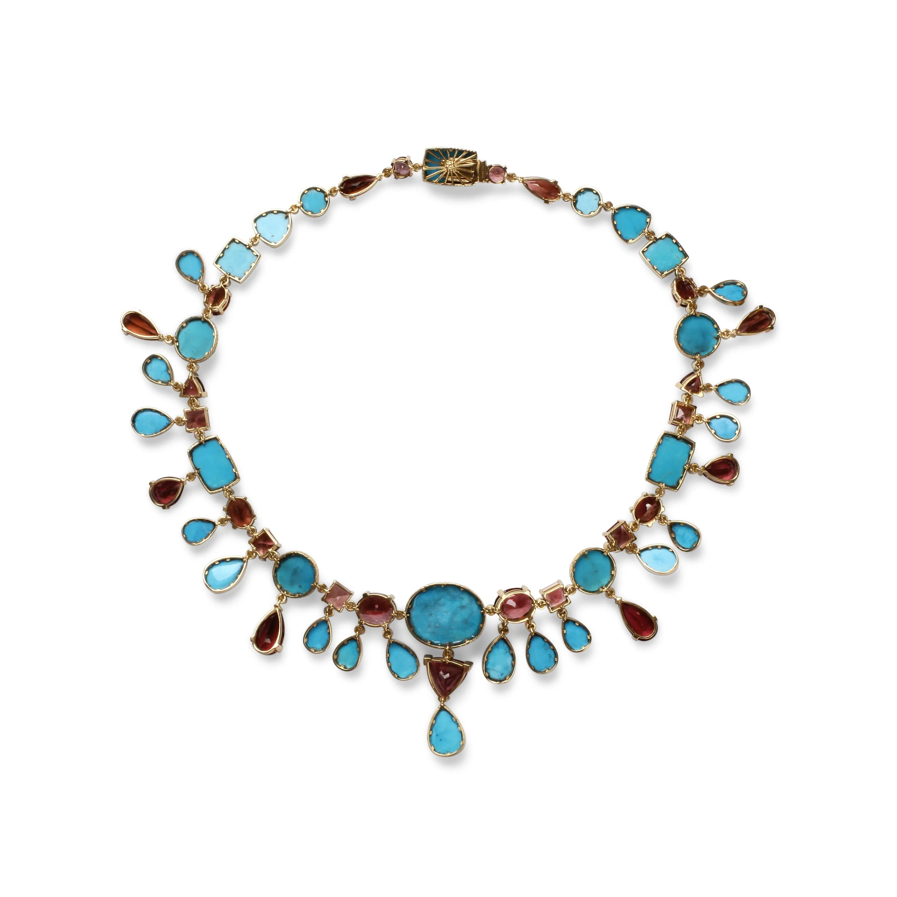 Luxury Hand Carved and Sleeping Beauty Turquoise 137ct Pink Tourmaline 64ct and Diamond 2.60ct Necklace in 18K Gold