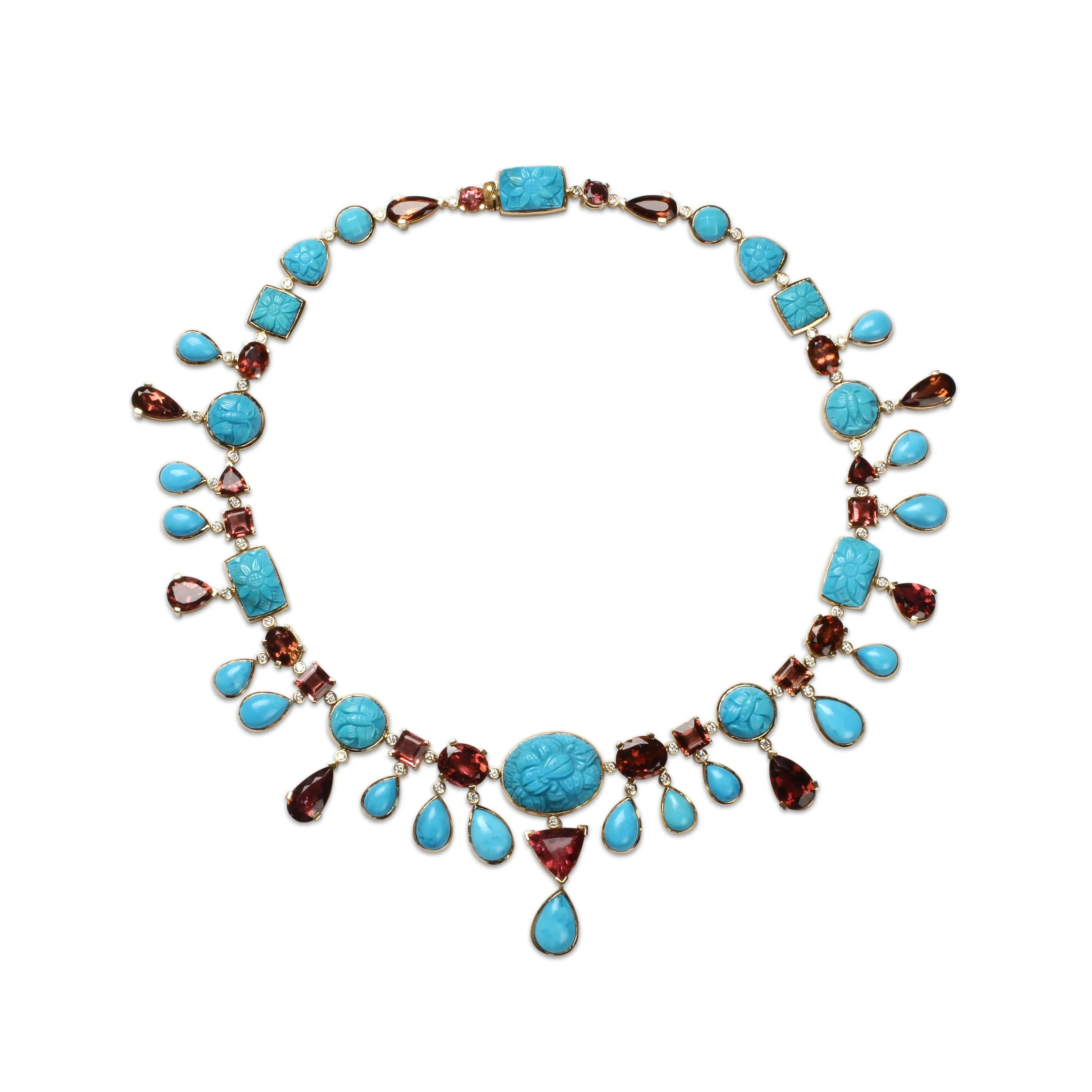 Luxury Hand Carved and Sleeping Beauty Turquoise 137ct Pink Tourmaline 64ct and Diamond 2.60ct Necklace in 18K Gold