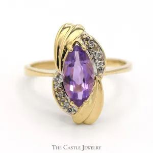 Marquise Shaped Amethyst Ring with Diamond Accents in 10k Yellow Gold