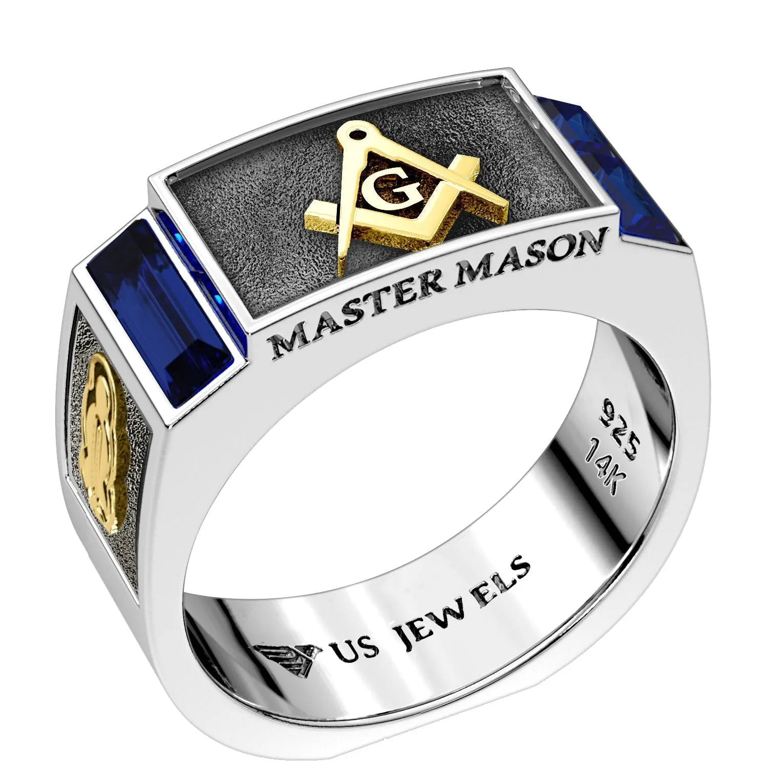 Men's 8mm Two Tone 925 Sterling Silver Blue Lodge Synthetic Sapphire Masonic Ring Band