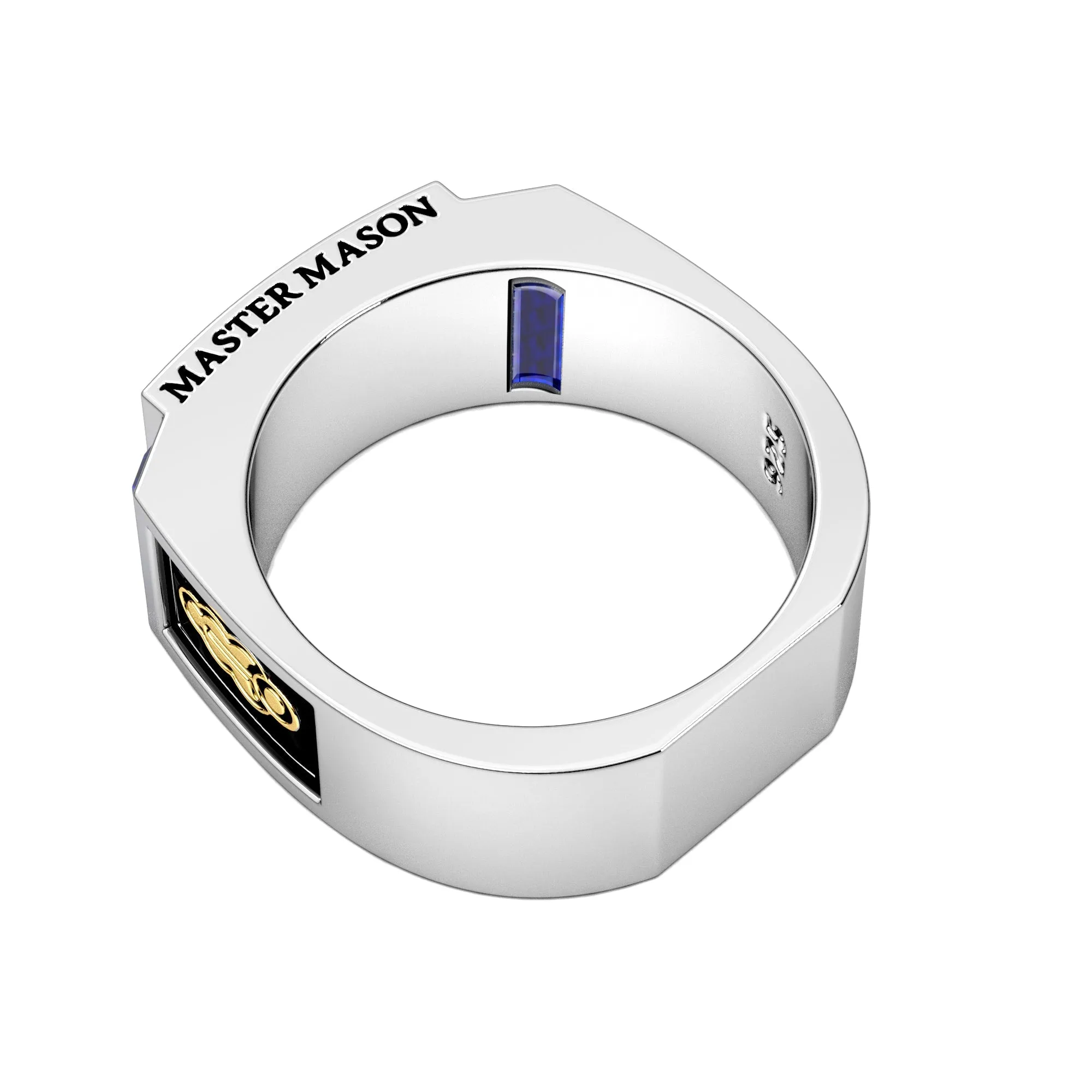 Men's 8mm Two Tone 925 Sterling Silver Blue Lodge Synthetic Sapphire Masonic Ring Band