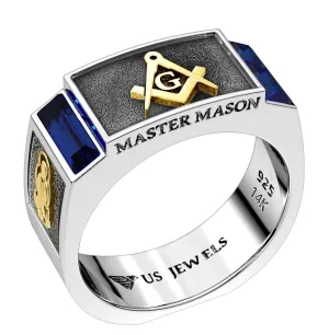 Men's 8mm Two Tone 925 Sterling Silver Blue Lodge Synthetic Sapphire Masonic Ring Band