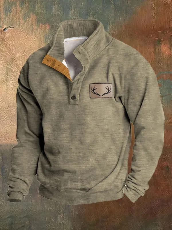 Men's Fleece Vintage Western Antler Hunting Enthusiast Stand Collar Sweatshirt