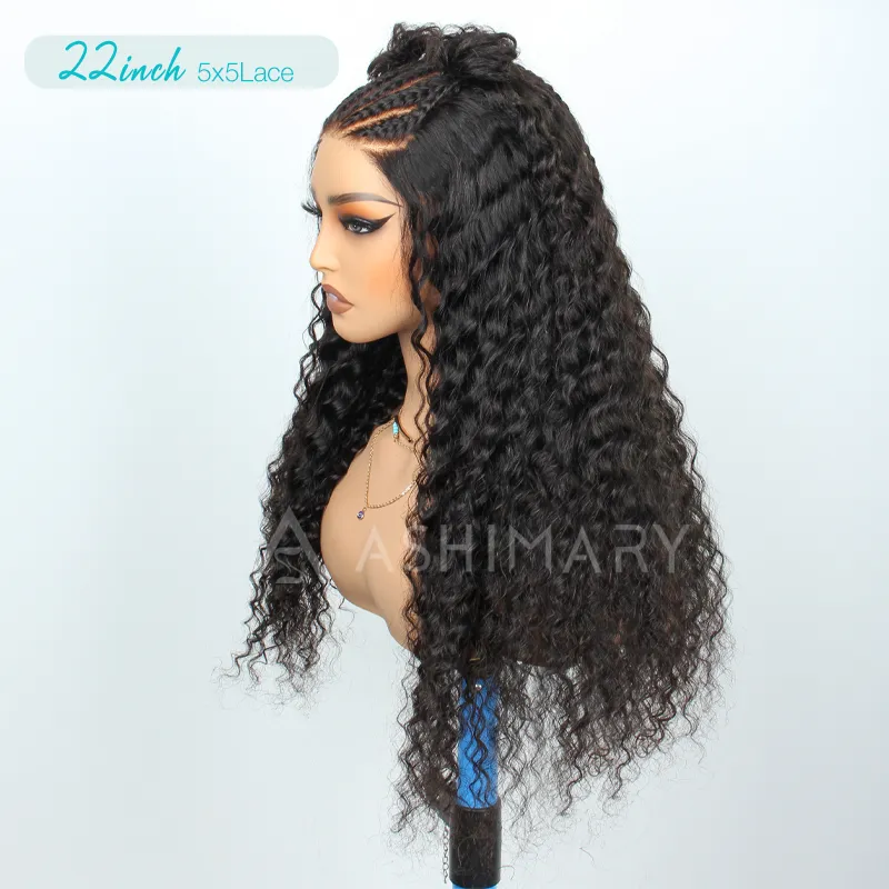 Micro French Braids 5x5 Pre-Cut Lace Deep Wave Human Hair Wig Natural Color