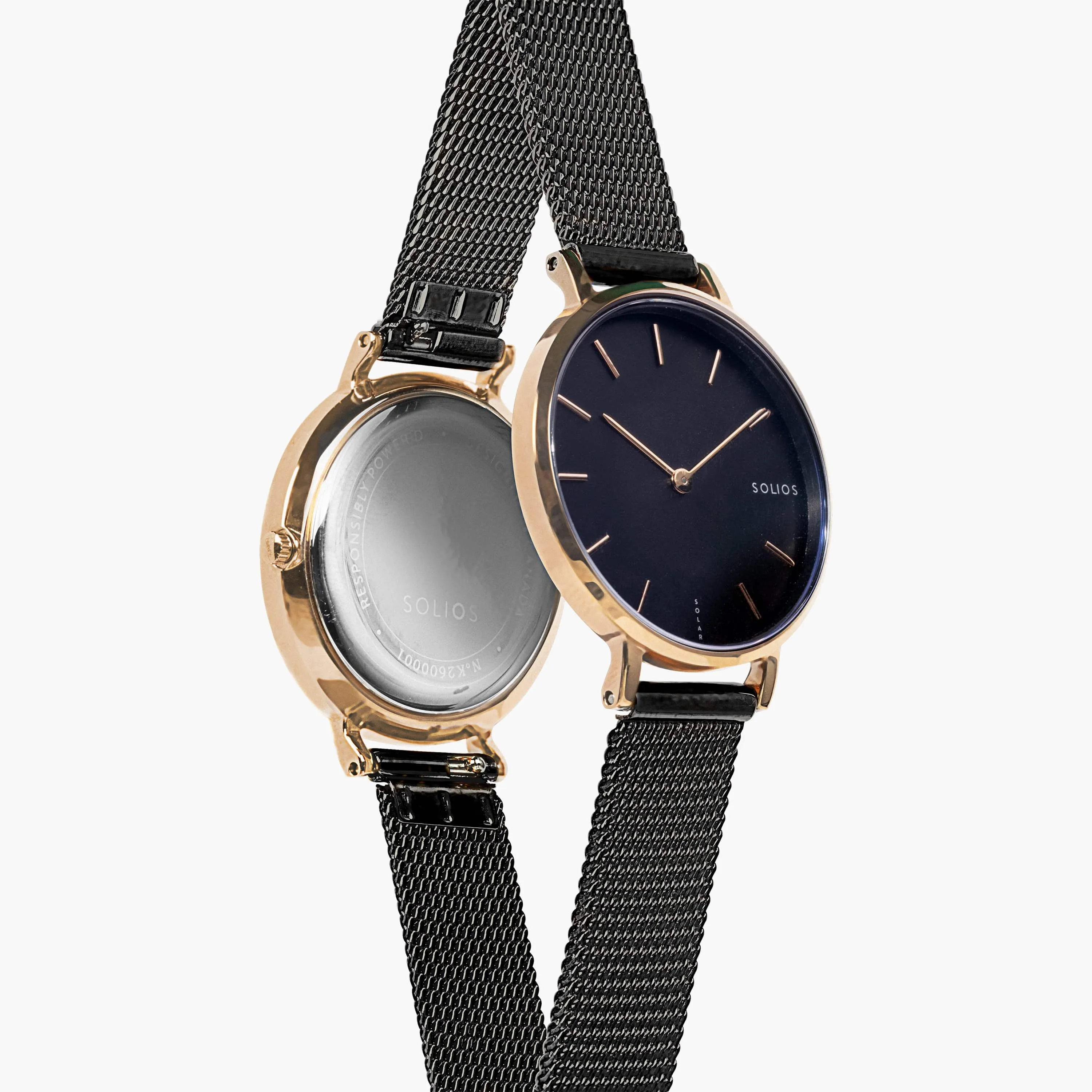 Mini Solar Watch with Black & Rose Gold Dial | Black Mesh Strap