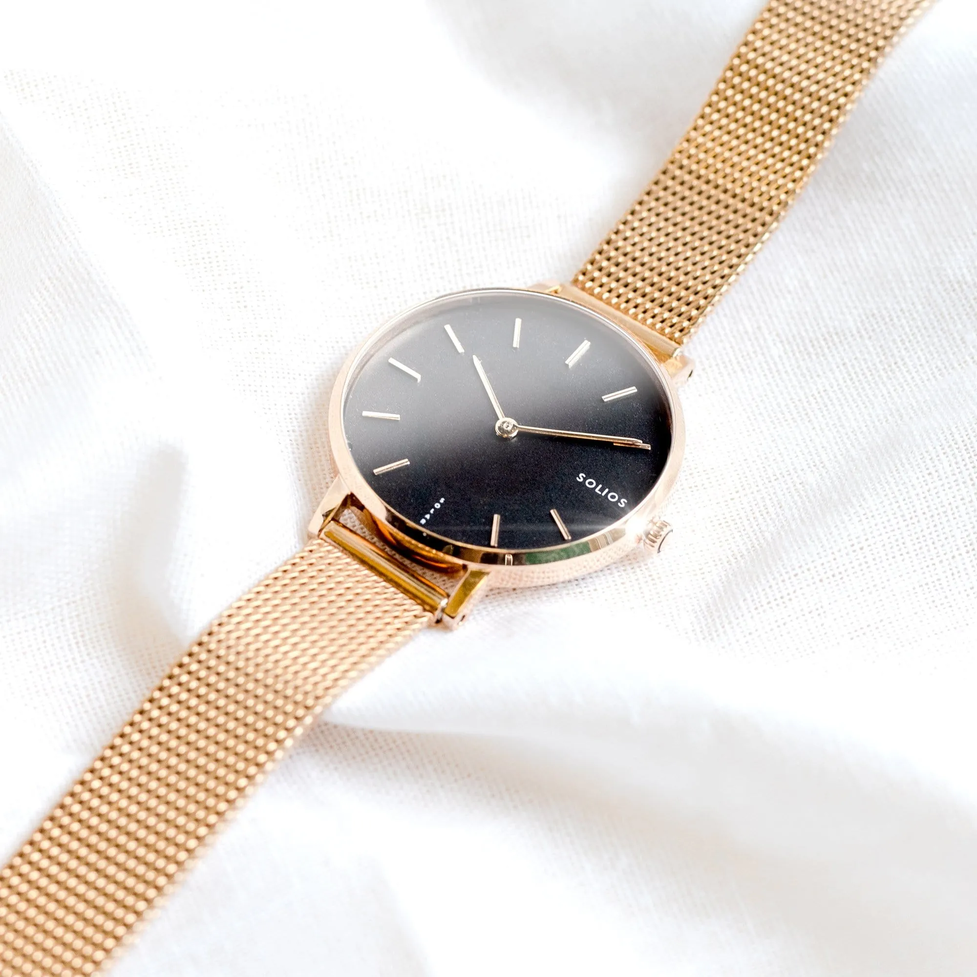 Mini Solar Watch with Black & Rose Gold Dial | Rose Gold Mesh Strap