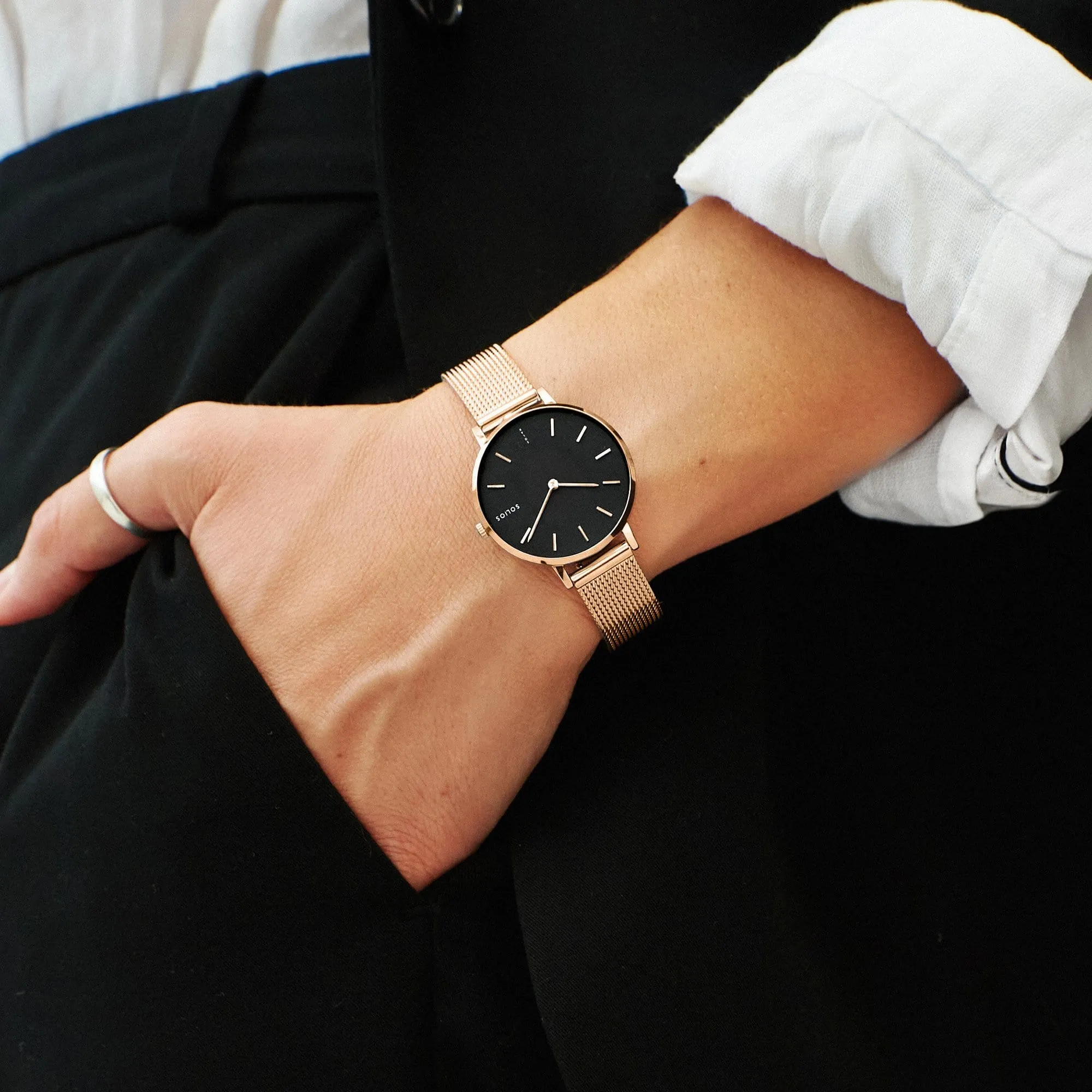 Mini Solar Watch with Black & Rose Gold Dial | Rose Gold Mesh Strap