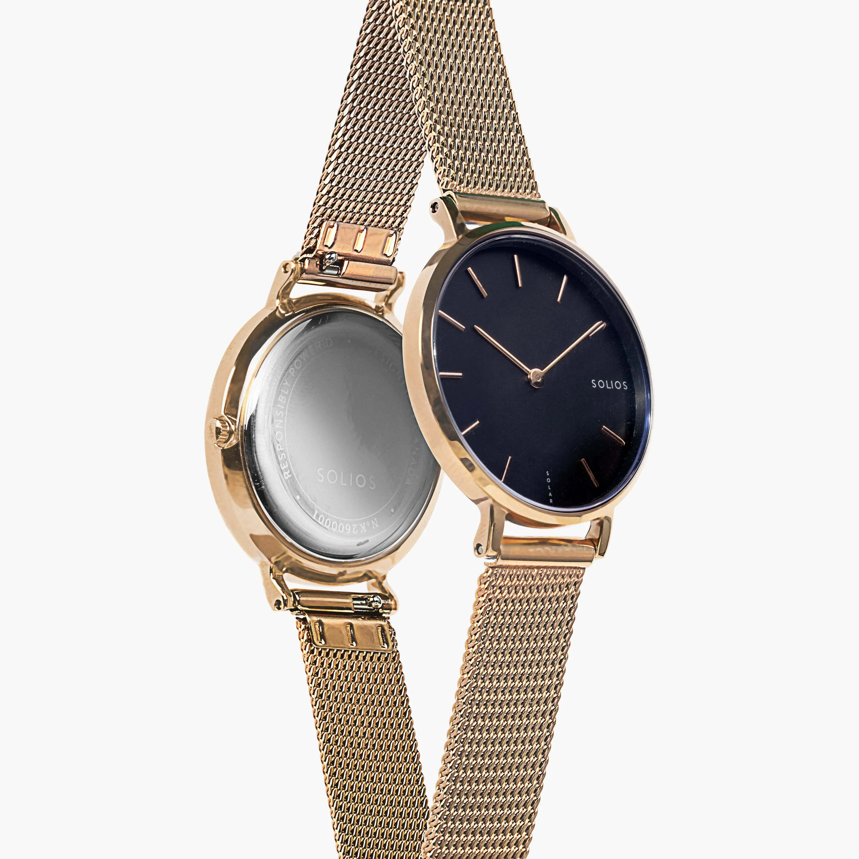 Mini Solar Watch with Black & Rose Gold Dial | Rose Gold Mesh Strap
