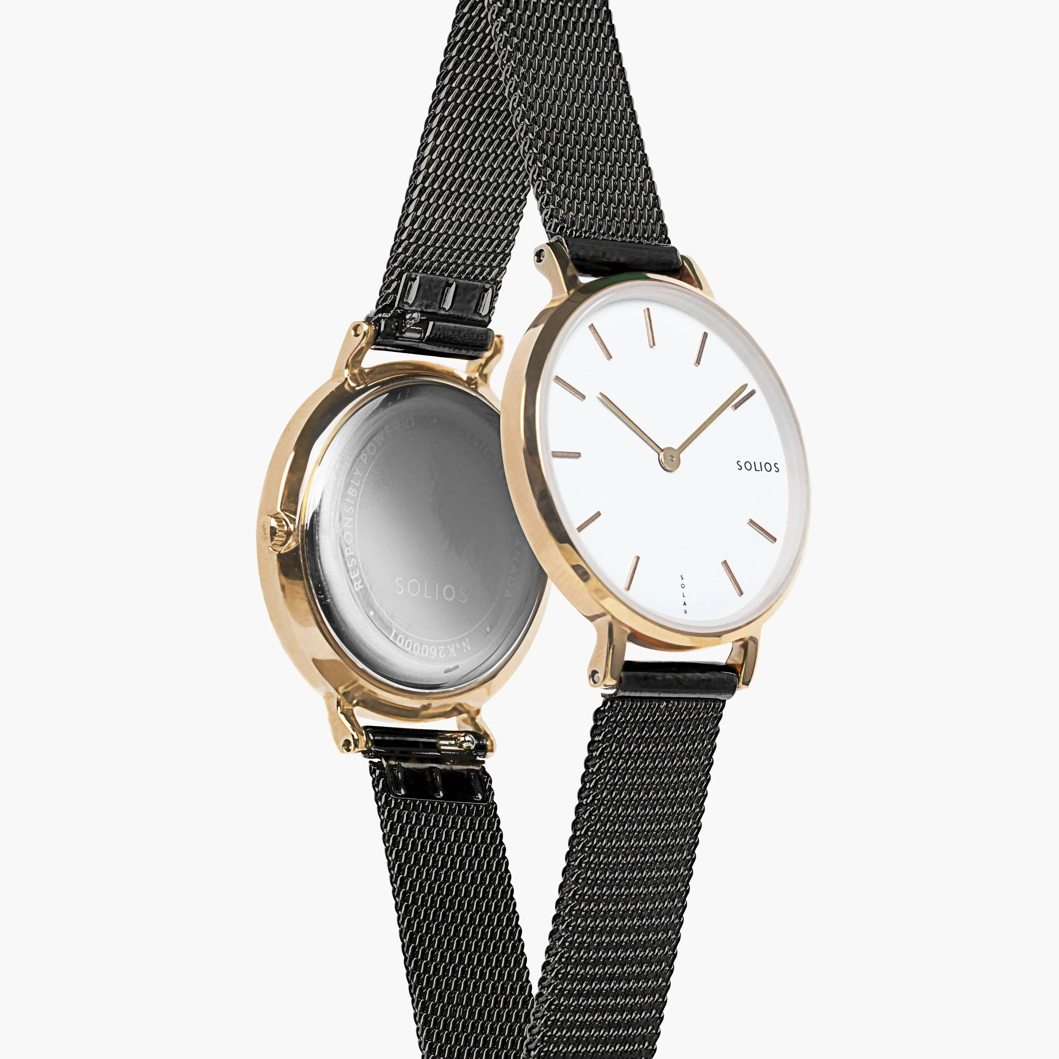 Mini Solar Watch with White & Rose Gold Dial | Black Mesh Strap