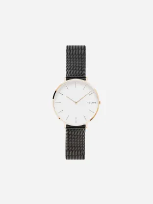 Mini Solar Watch with White & Rose Gold Dial | Black Mesh Strap