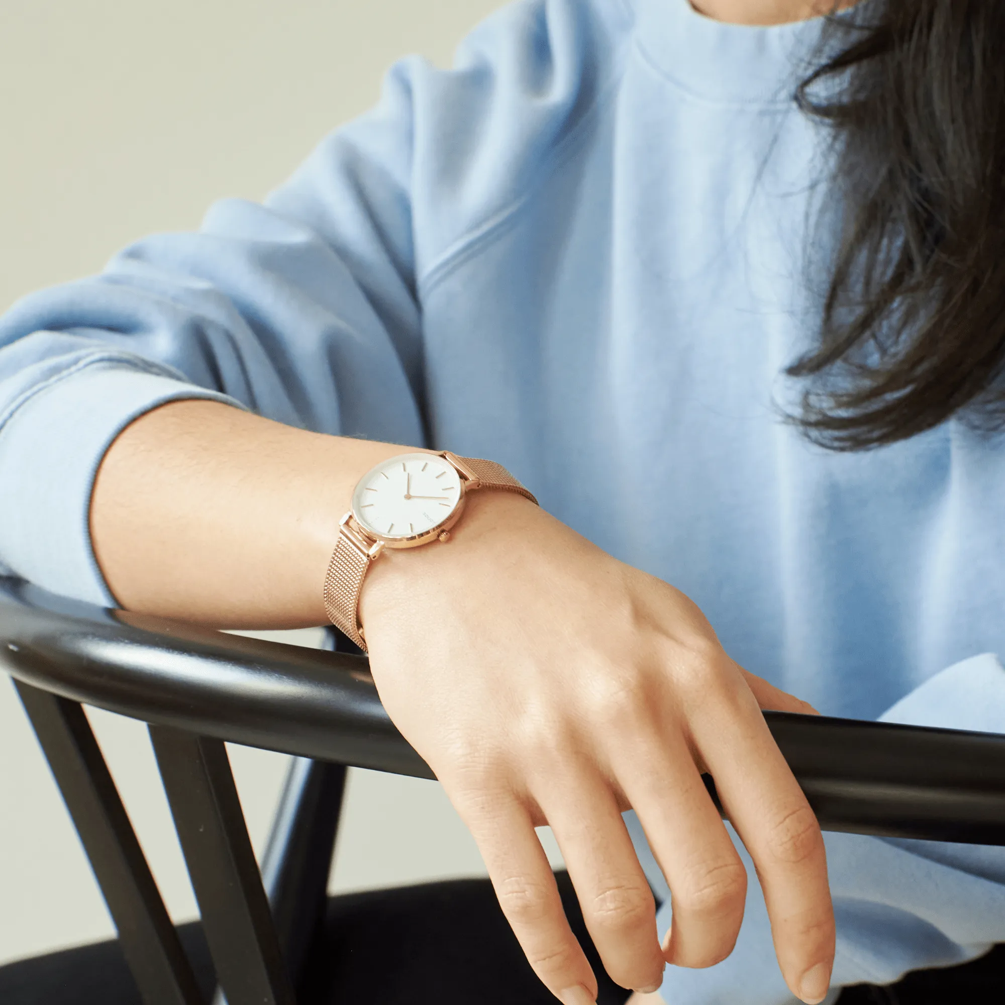 Mini Solar Watch with White & Rose Gold Dial | Black Mesh Strap