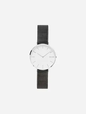 Mini Solar Watch with White & Silver Dial | Black Mesh Strap