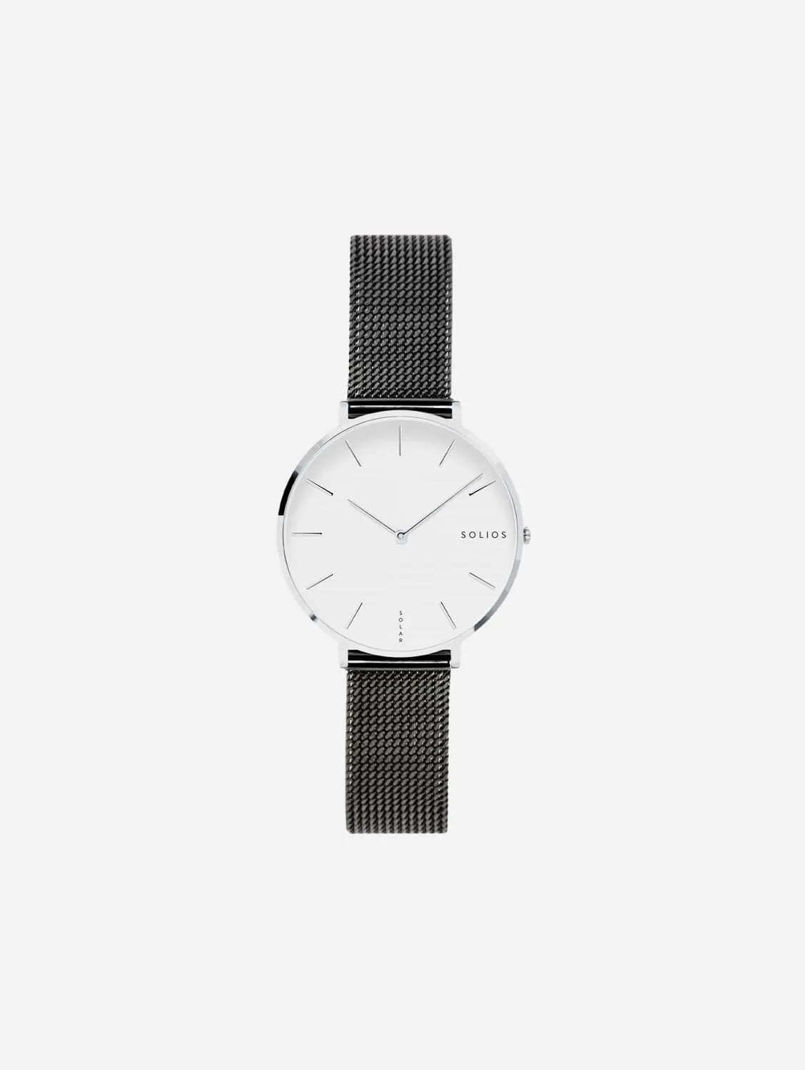 Mini Solar Watch with White & Silver Dial | Black Mesh Strap