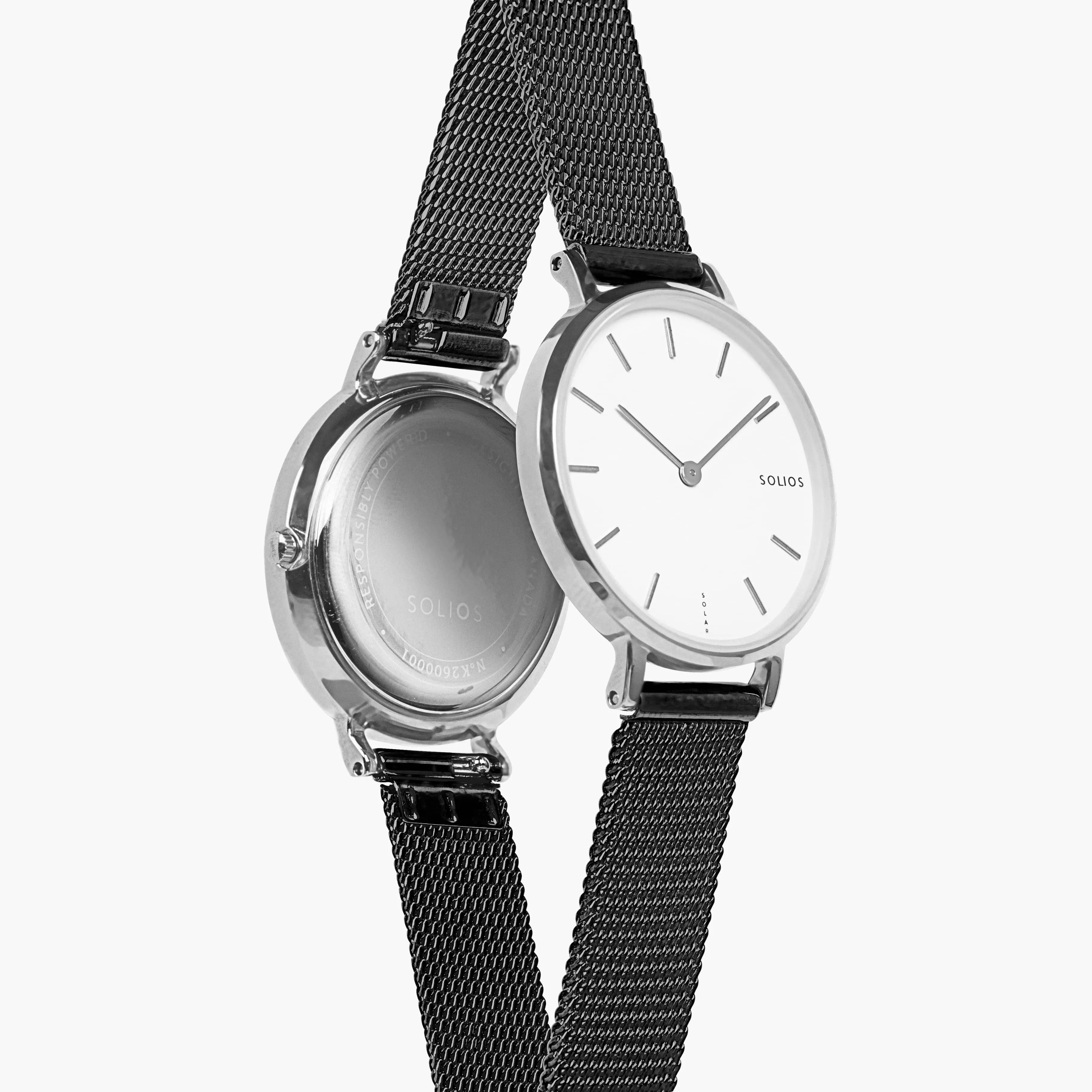 Mini Solar Watch with White & Silver Dial | Black Mesh Strap