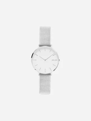 Mini Solar Watch with White & Silver Dial  | Silver Mesh Strap