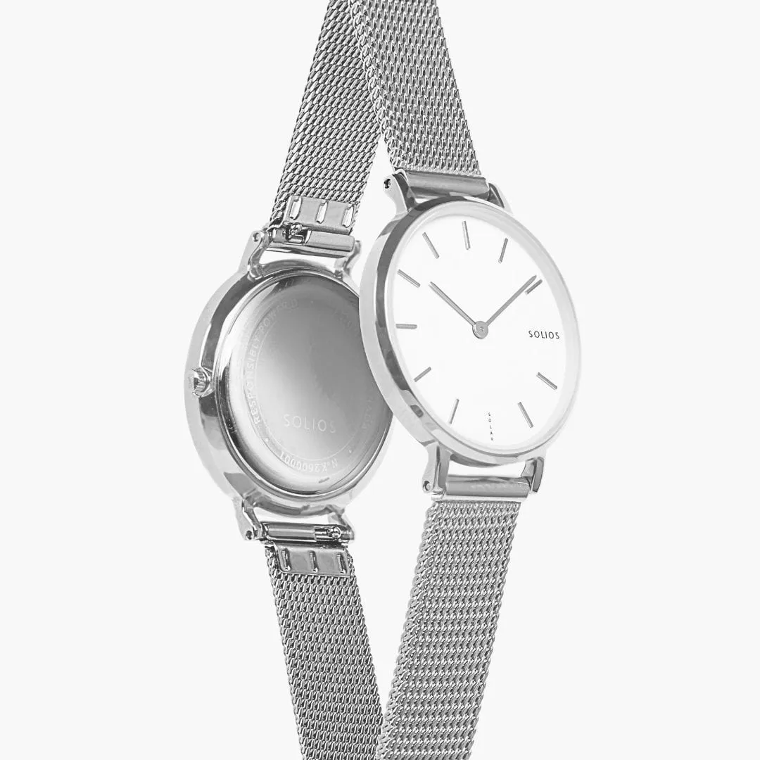 Mini Solar Watch with White & Silver Dial  | Silver Mesh Strap