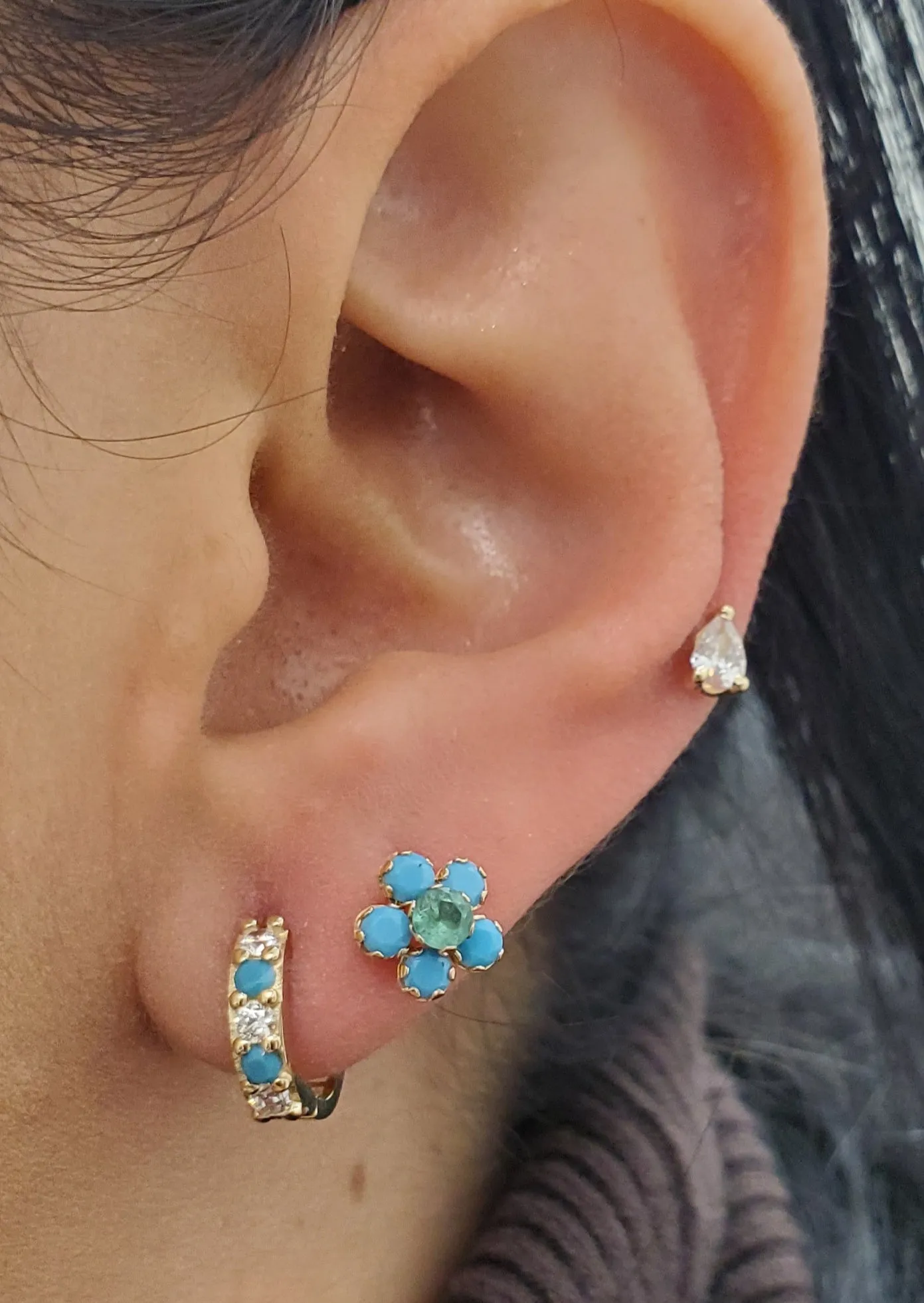 Mini Turquoise and Cubic Zirconia Huggie Hoop Earrings