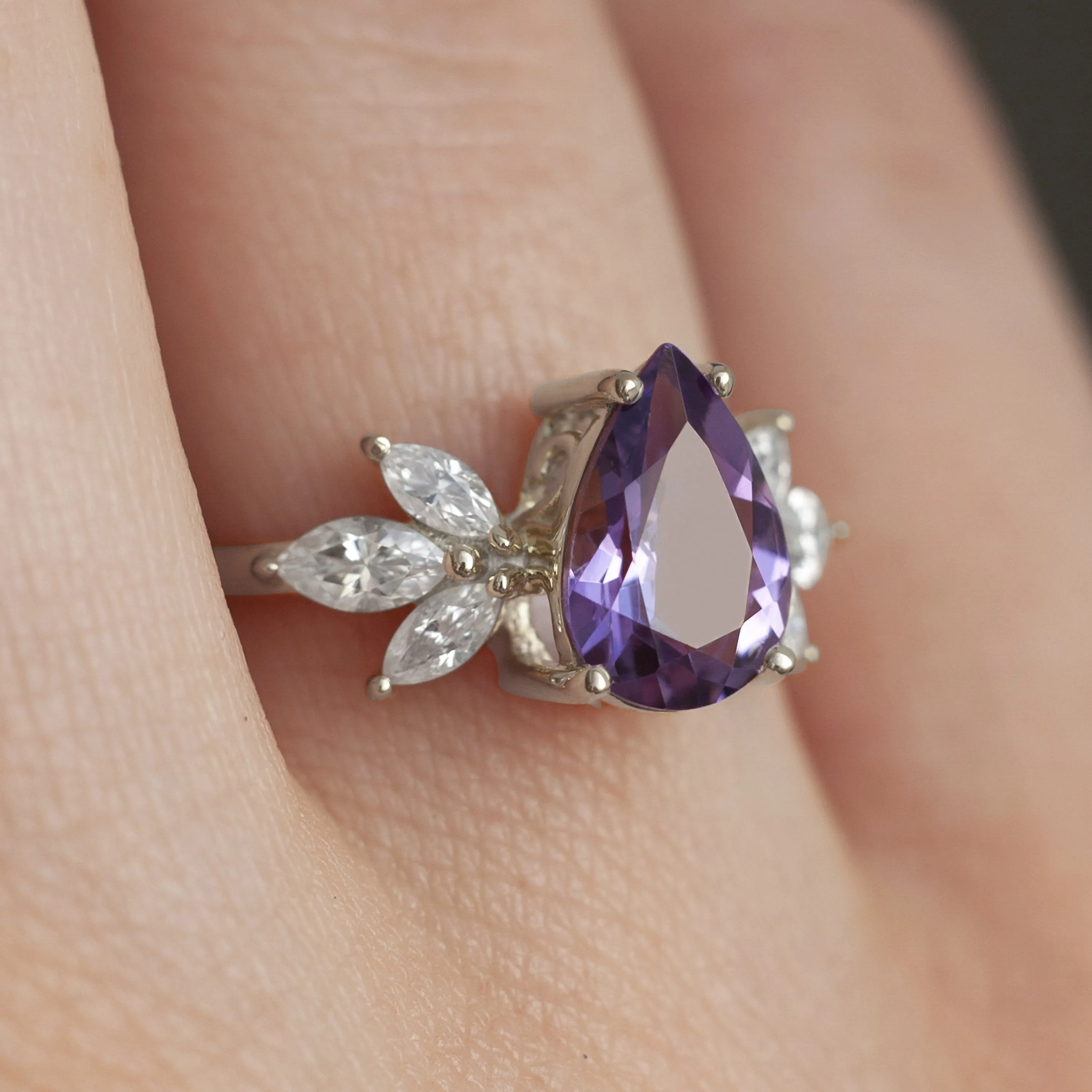 Monica Pear Amethyst Ring with Petal Marquise Moissanite