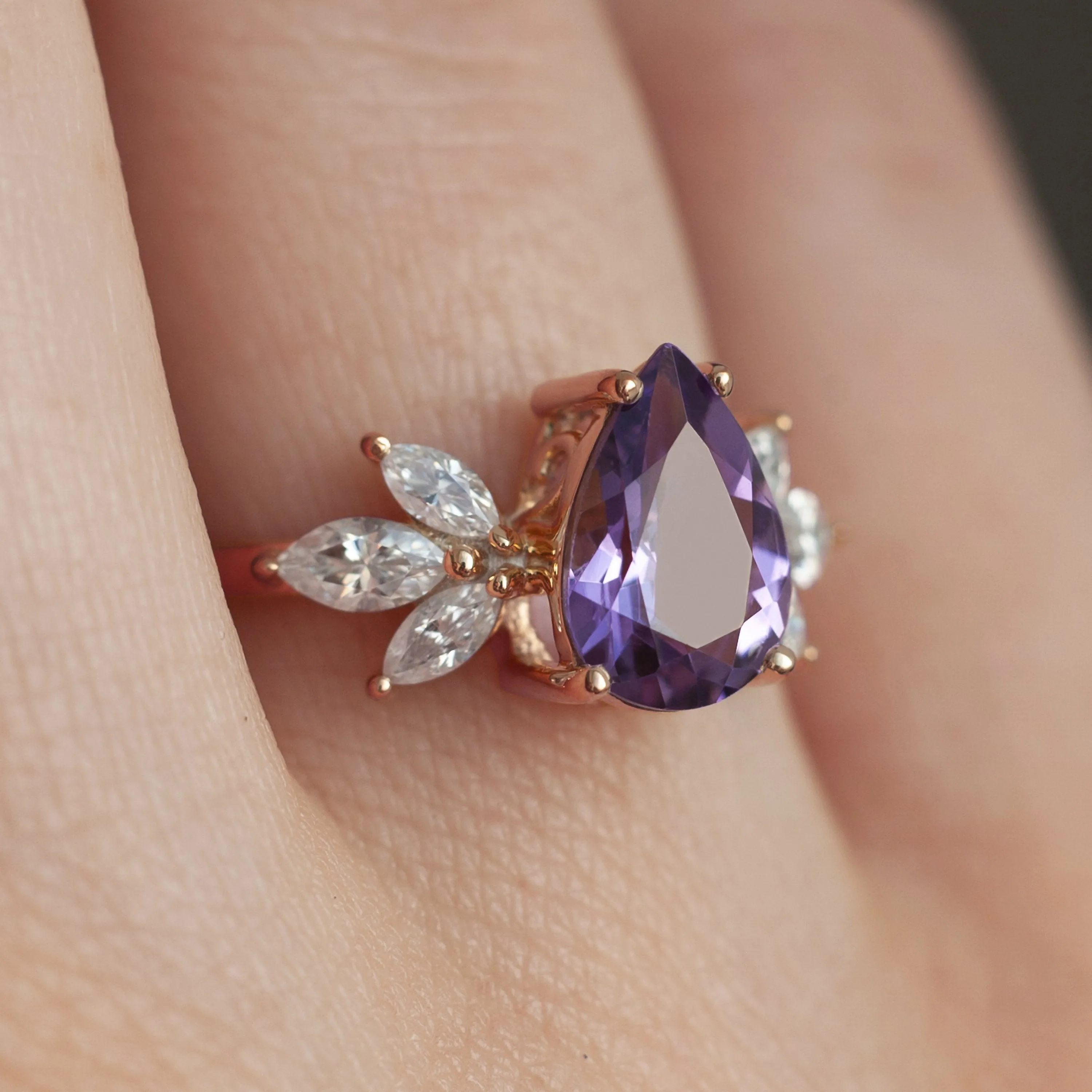 Monica Pear Amethyst Ring with Petal Marquise Moissanite