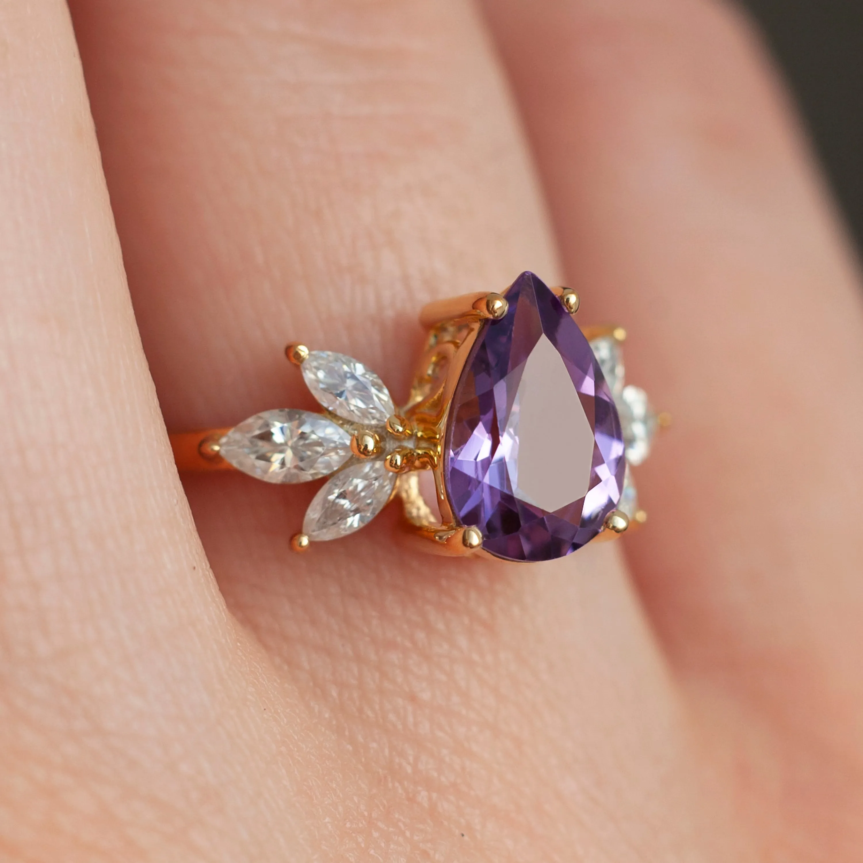 Monica Pear Amethyst Ring with Petal Marquise Moissanite