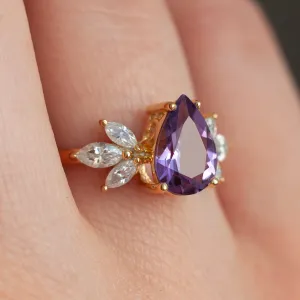 Monica Pear Amethyst Ring with Petal Marquise Moissanite