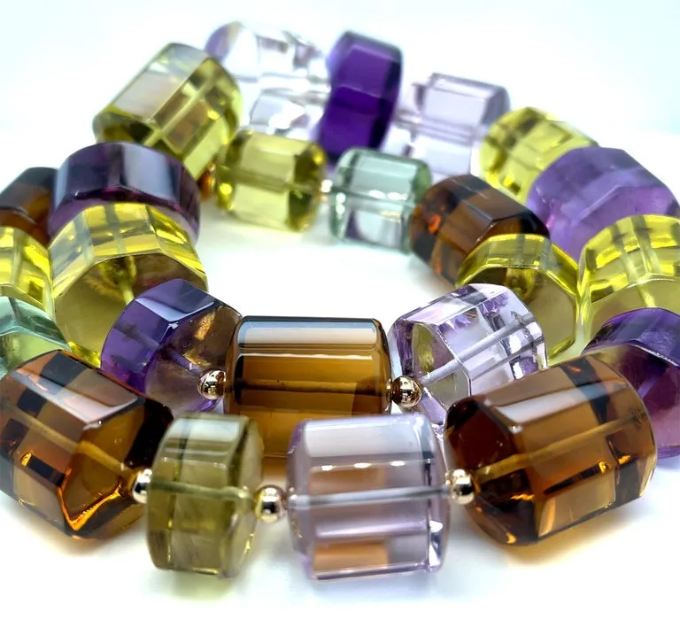 Multi-Color Quartz Bead Necklace, 1337 Carats Total with Yellow Gold Accents