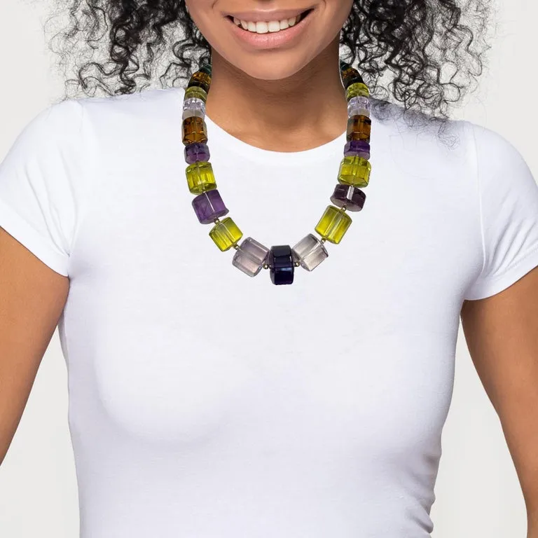 Multi-Color Quartz Bead Necklace, 1337 Carats Total with Yellow Gold Accents