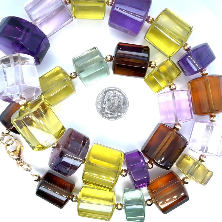 Multi-Color Quartz Bead Necklace, 1337 Carats Total with Yellow Gold Accents