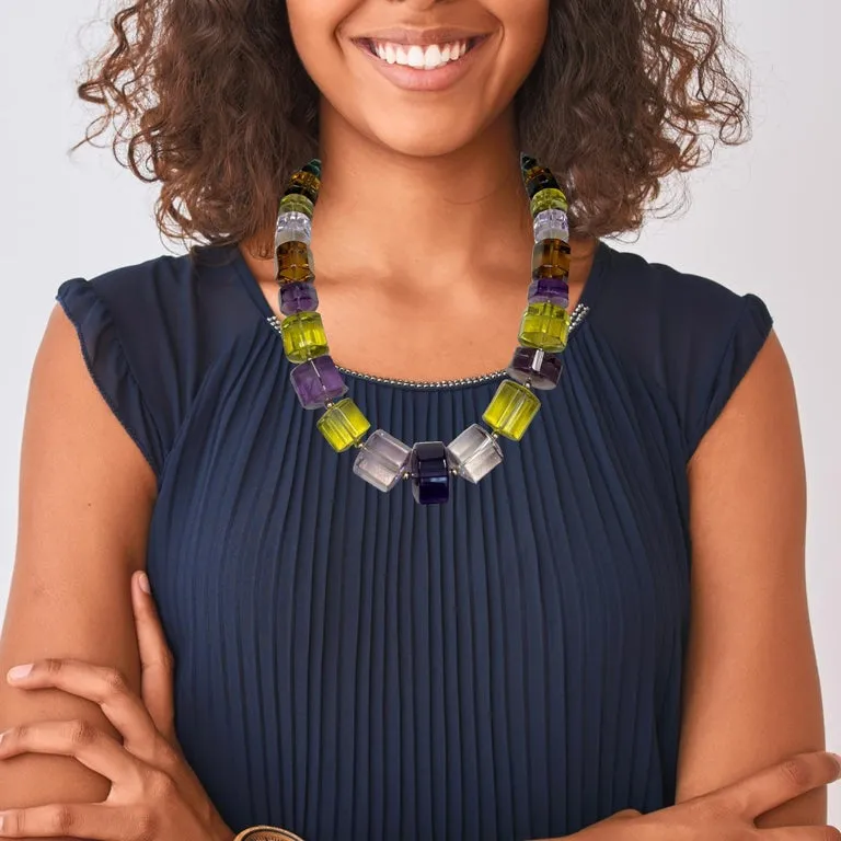 Multi-Color Quartz Bead Necklace, 1337 Carats Total with Yellow Gold Accents