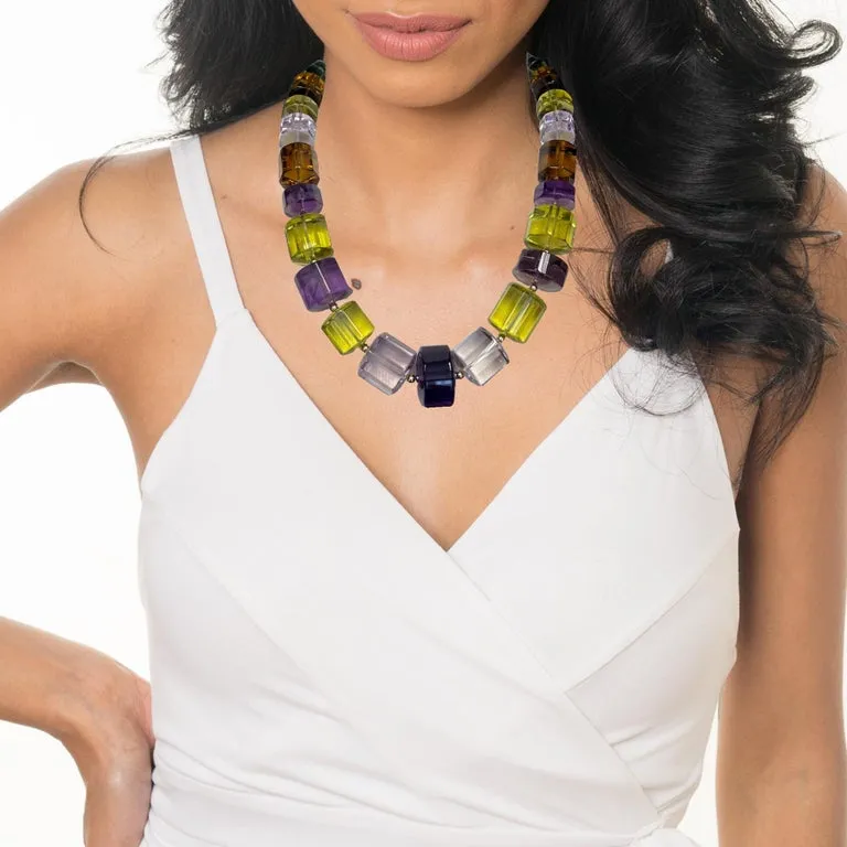 Multi-Color Quartz Bead Necklace, 1337 Carats Total with Yellow Gold Accents