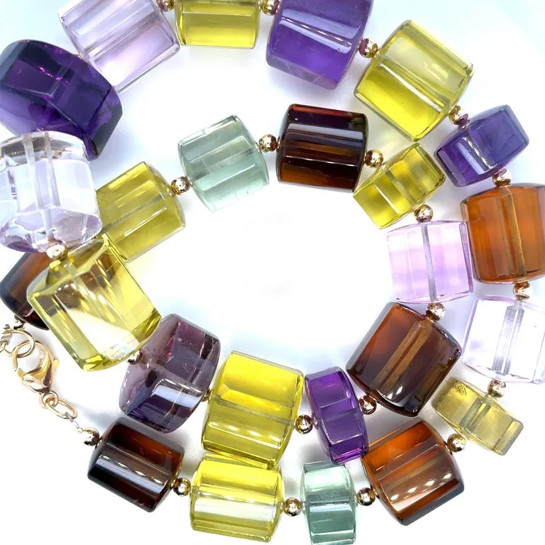 Multi-Color Quartz Bead Necklace, 1337 Carats Total with Yellow Gold Accents