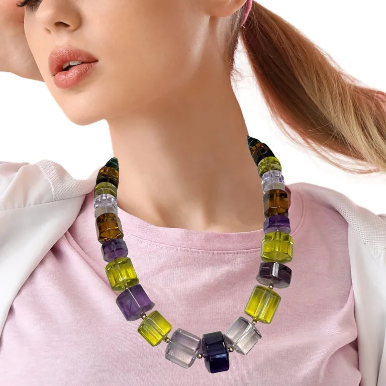 Multi-Color Quartz Bead Necklace, 1337 Carats Total with Yellow Gold Accents