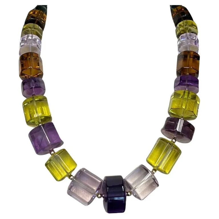 Multi-Color Quartz Bead Necklace, 1337 Carats Total with Yellow Gold Accents
