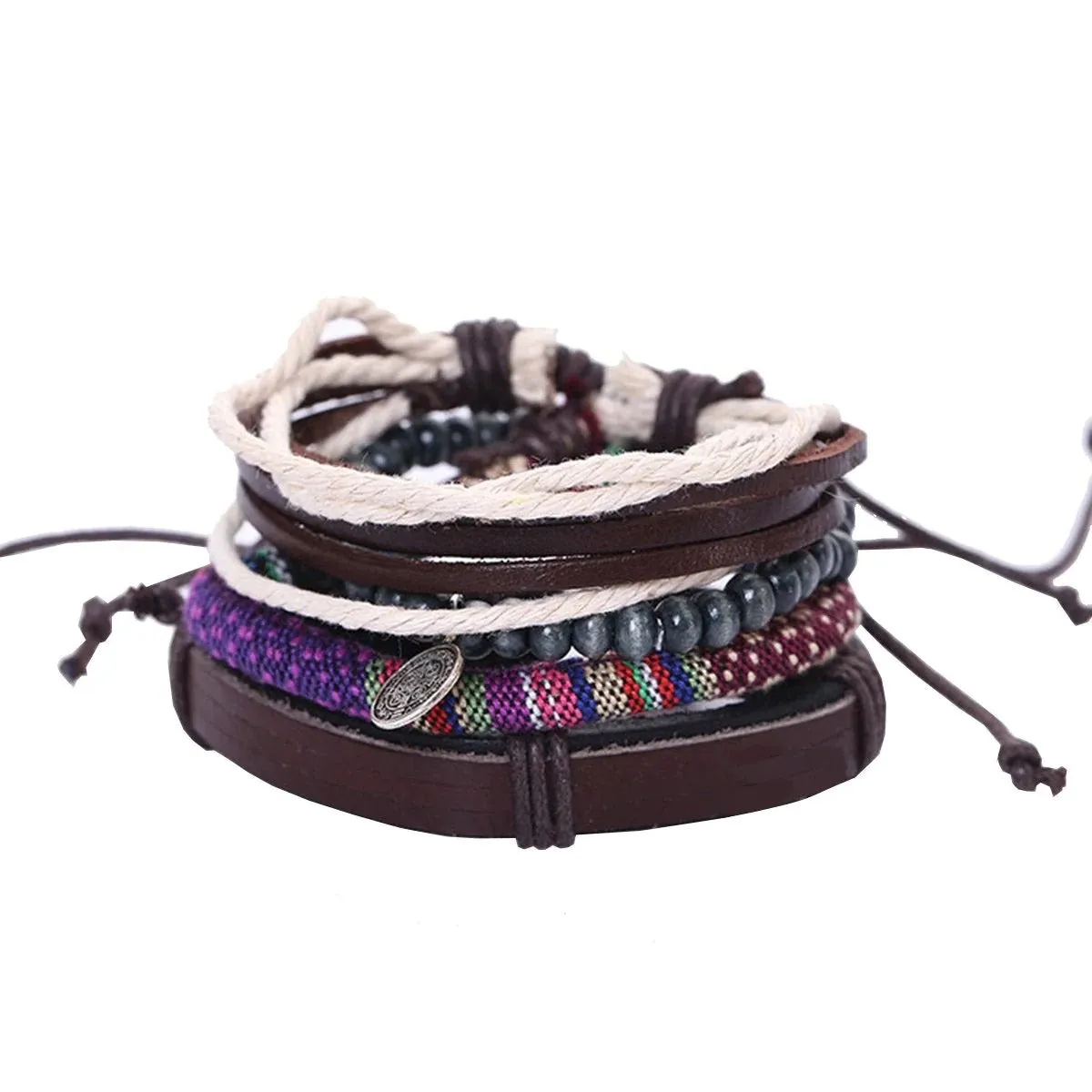 Multi Strand Stackable Braided Leather Charm Wrist Band Bracelet for Men