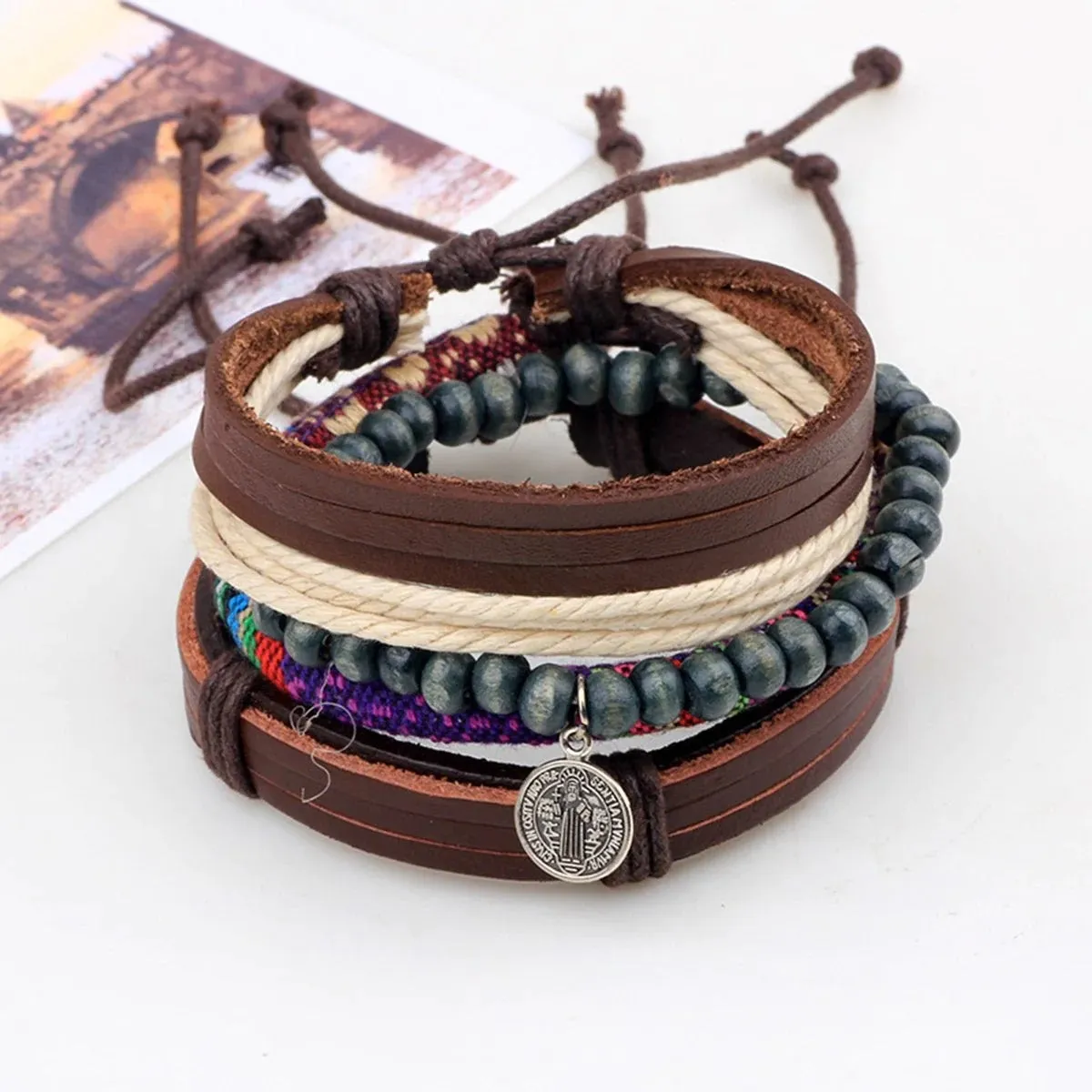 Multi Strand Stackable Braided Leather Charm Wrist Band Bracelet for Men
