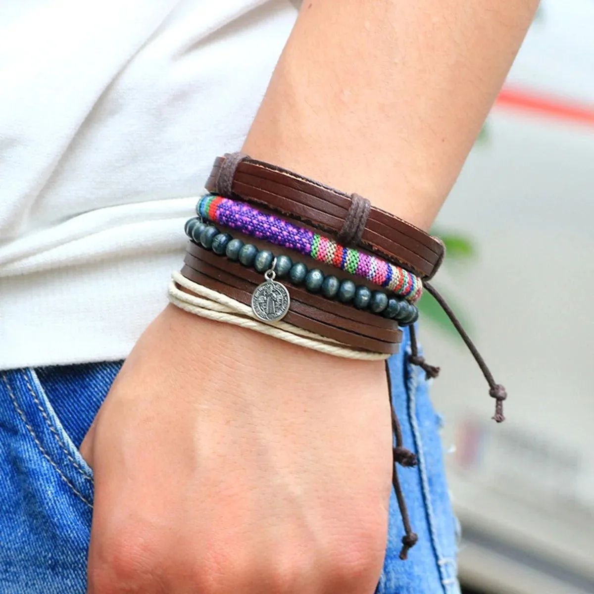 Multi Strand Stackable Braided Leather Charm Wrist Band Bracelet for Men
