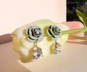 Murano Camellia Dangle Drop Earrings with Crystal Drop- Silk Effect