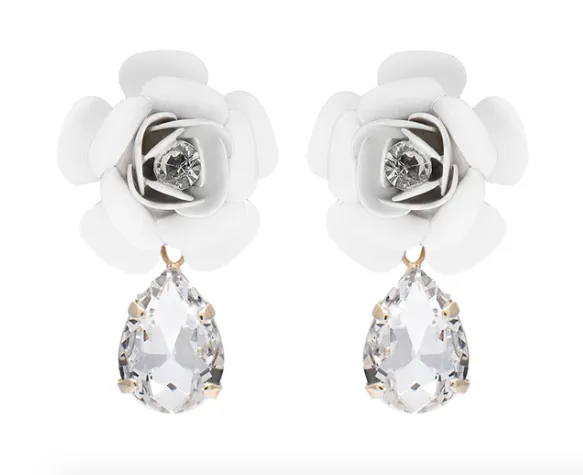 Murano Camellia Dangle Drop Earrings with Crystal Drop- Silk Effect