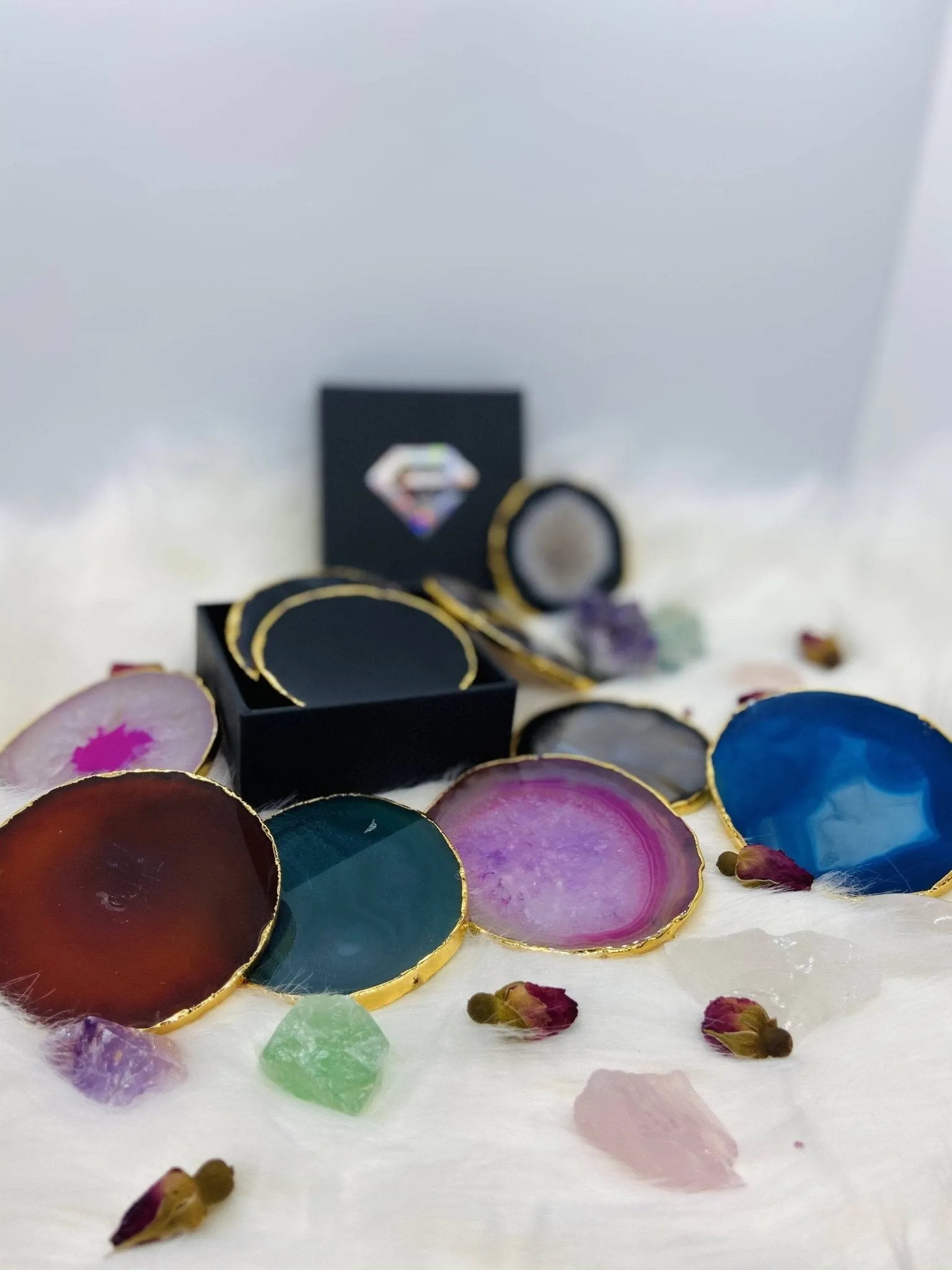 Natural Amethyst Luxury Agate Round Coasters - Black Diamonds New York