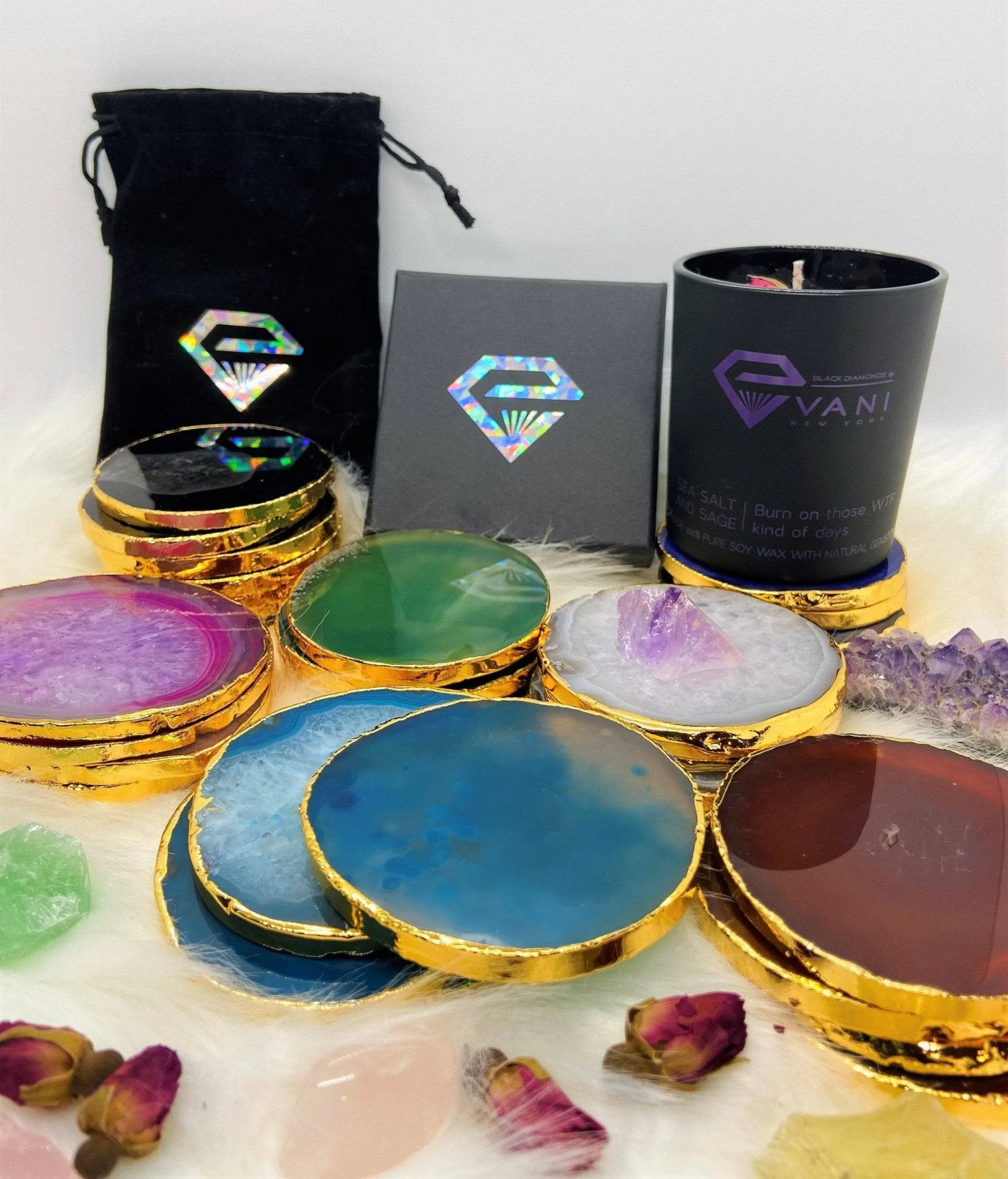 Natural Amethyst Luxury Agate Round Coasters - Black Diamonds New York
