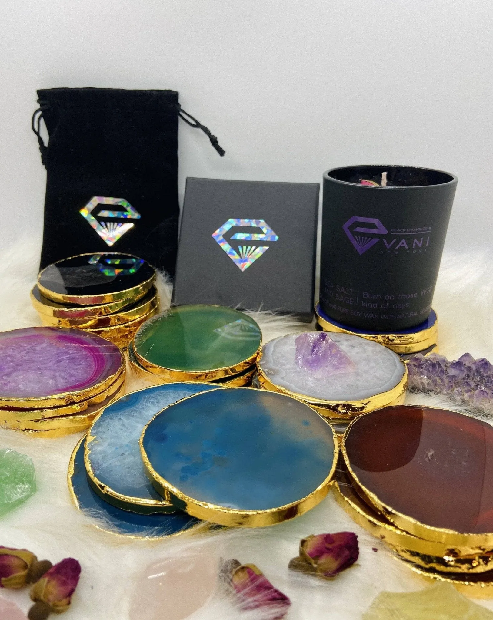 Natural Amethyst Luxury Agate Round Coasters - Black Diamonds New York