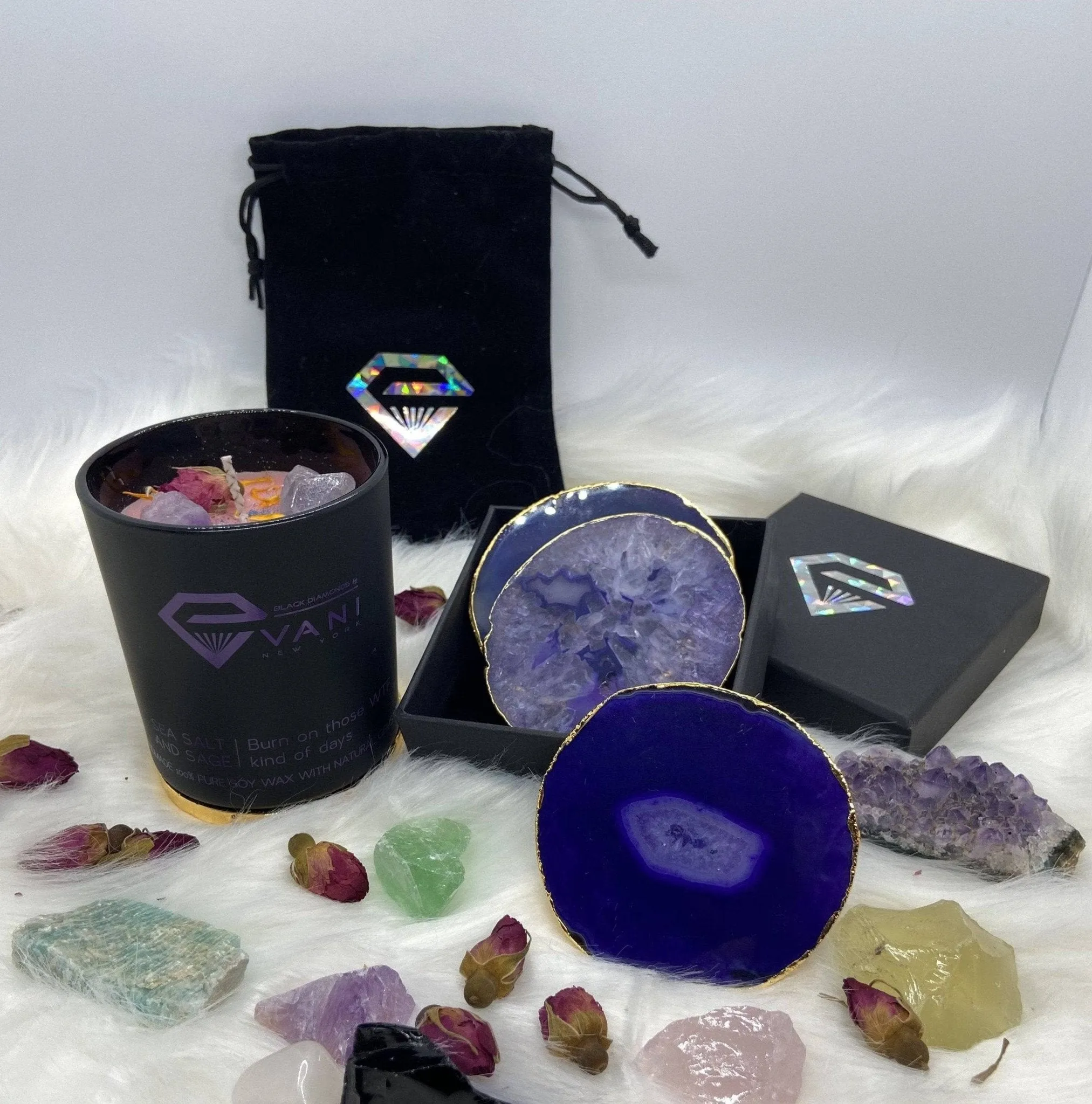 Natural Amethyst Luxury Agate Round Coasters - Black Diamonds New York