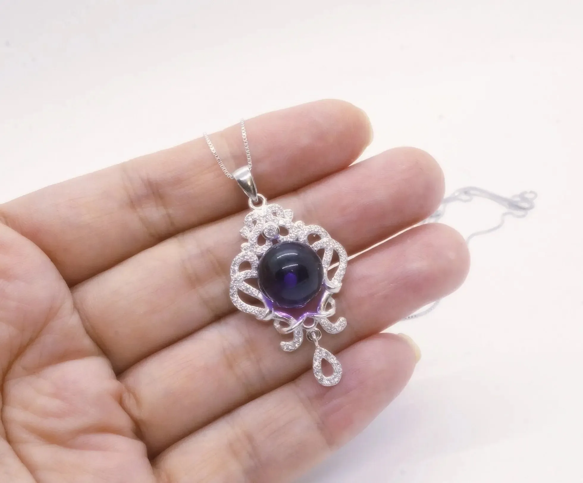 Natural Amethyst Necklace - Sterling Silver Tassel - Luxury Genuine Amethyst Pendant - Purple Gemstone Jewelry - 18KGP @ Sterling Silver