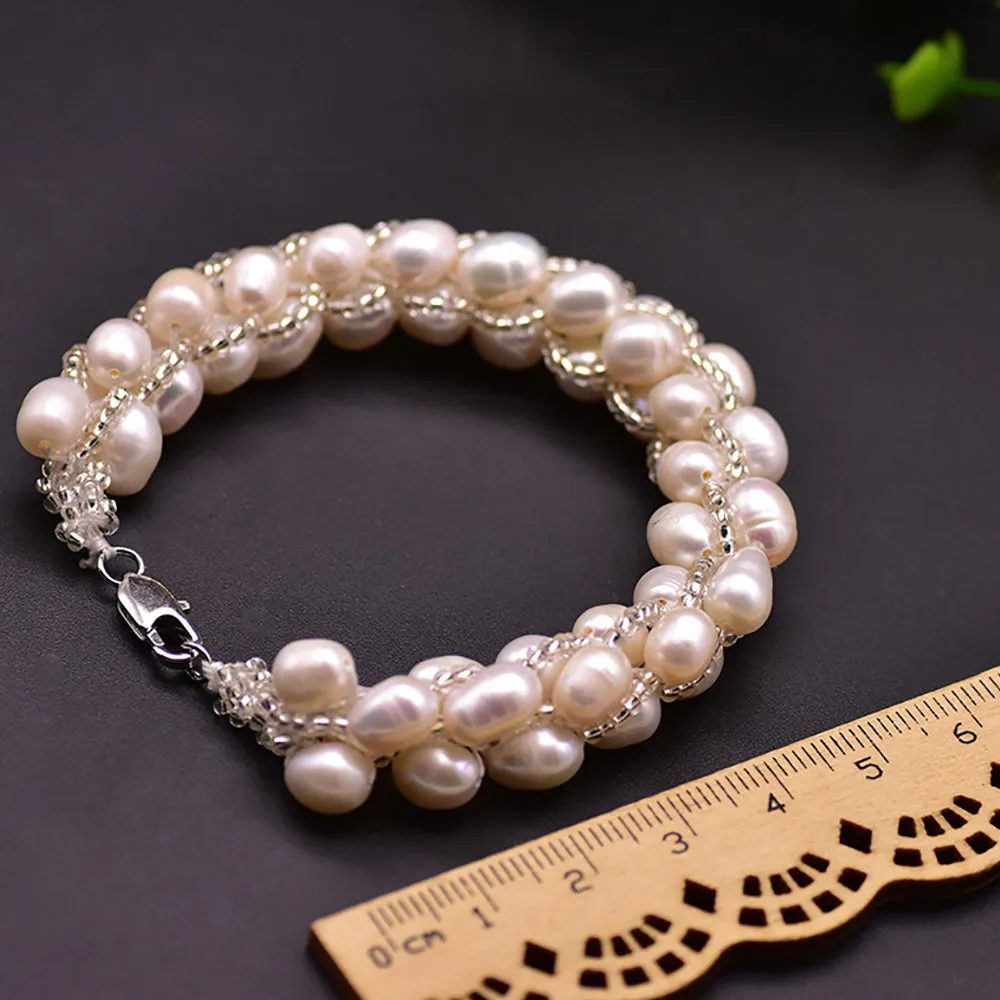 Natural Freshwater Pearl Braided Bracelet Woman Fashion Charm Jewelry 7.7"