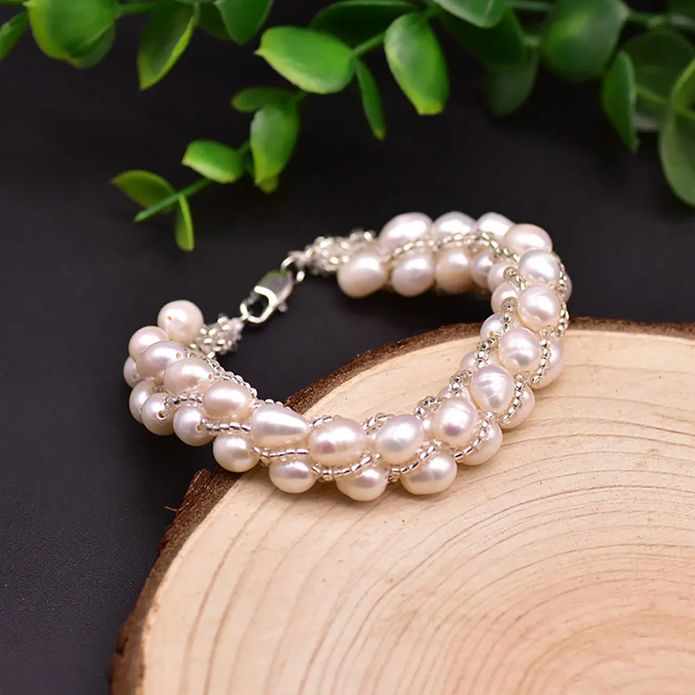 Natural Freshwater Pearl Braided Bracelet Woman Fashion Charm Jewelry 7.7"