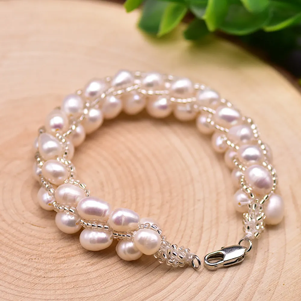 Natural Freshwater Pearl Braided Bracelet Woman Fashion Charm Jewelry 7.7"